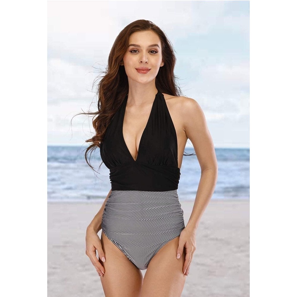Amazon black & white halter one piece swim suit